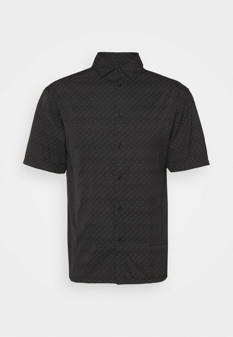 Svart kortärmad skjorta med en texturerad mönstring av vertikala linjer. Den har en vanlig krage och frontknäppning med matchande knappar.