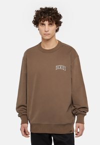 Sudadera marrón con cuello y puños de canalé. Incluye el logo blanco "DICKIES" en el pecho. Tela suave, corte relajado y una etiqueta en la parte inferior.