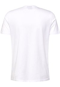 Hvid bomulds T-shirt, korte ærmer, rund hals, enkel design, glat tekstur, ingen mønstre eller udsmykninger, med bagsøm detaljer.