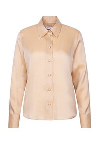 Camicia beige in raso a maniche lunghe con colletto, chiusura con bottoni sul davanti, orlo dritto e tessuto liscio. Presenta sei bottoni e polsini arrotondati.