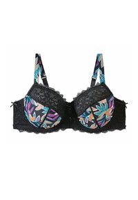 Soutien-gorge en dentelle noire avec des bonnets à motif floral dans des couleurs vives. Présente des bords festonnés et des bretelles réglables avec des accents de design assortis.
