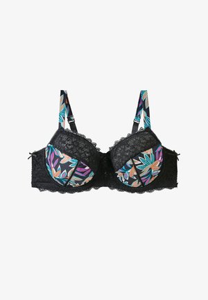 Soutien-gorge en dentelle noire avec des bonnets à motif floral dans des couleurs vives. Présente des bords festonnés et des bretelles réglables avec des accents de design assortis.