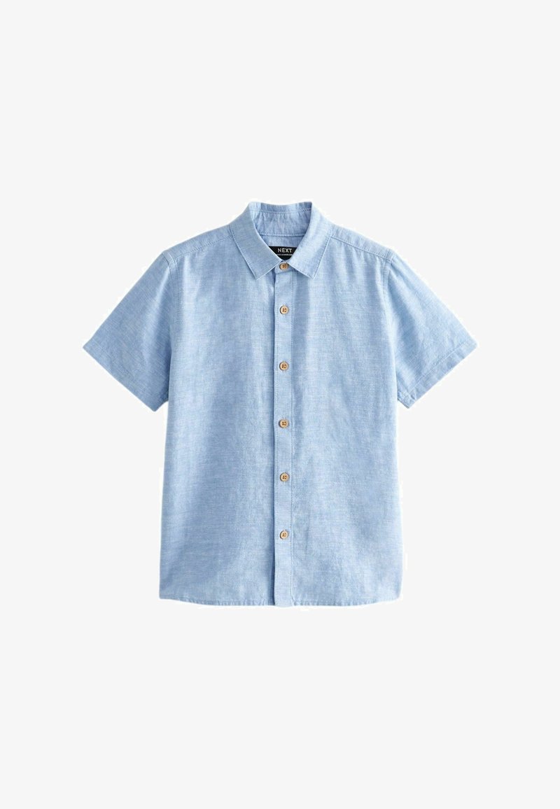 Hellblaues kurzärmliges Hemd aus strukturiertem Stoff, mit einer Knopfleiste und fünf Holzknöpfen, im klassischen Kragenstil.
