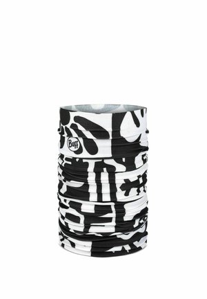 Tour de cou tubulaire en tissu à motifs noirs et blancs avec formes abstraites et logo « Buff » sur fond blanc.