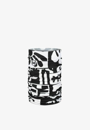 Schwarz-weiß gemusterter, röhrenförmiger Halswärmer mit abstrakten Formen und dem "Buff"-Logo auf weißem Hintergrund.