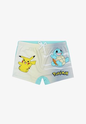 Helles blaues Badehosen mit Pikachu- und Schiggy-Grafiken, einer glatten Textur, verstellbarem Kordelzug und einem Pokémon-Logo.