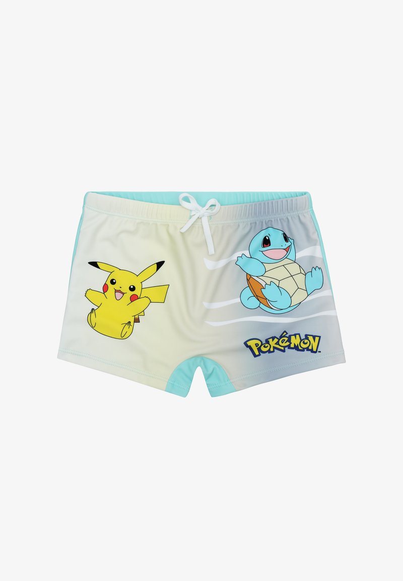 Light blue swim shorts featuring Pikachu and Squirtle graphics, a smooth texture, adjustable drawstring, and a Pokémon logo.