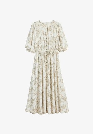 Romantische maxi-jurk in crèmekleur met bloemenprint, pofmouwen, een ronde halslijn, knoopsluiting en een taille met koord. Van een katoenmix.