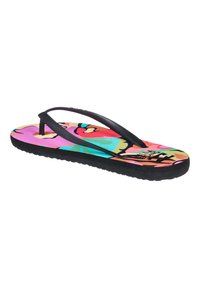 Bunte Flip-Flops mit einem floralen Muster in Pink, Grün und Schwarz. Sie verfügen über einen schwarzen Gummiriemen und eine strukturierte Sohle für besseren Halt.