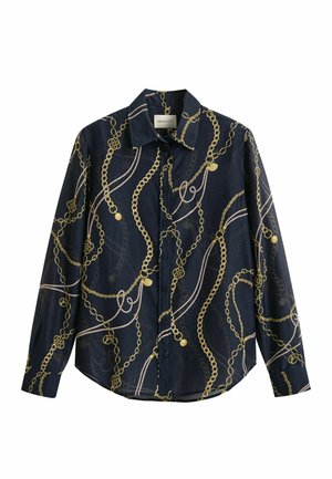 Chemise bleu marine à boutons avec manches longues, ornée d'un motif chaîne doré et blanc sur l'ensemble, et dotée d'un col classique.