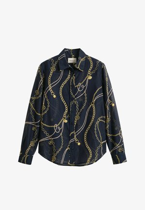 Marineblaue Hemdbluse mit langen Ärmeln, einem durchgehenden gold-weißen Kettenmuster und einem klassischen Kragen.