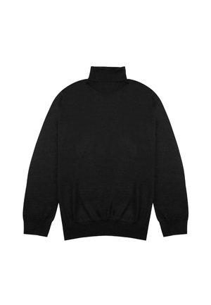 Schwarzer langärmeliger Rollkragenpullover mit gerippten Bündchen und Saum, flach auf einem weißen Hintergrund präsentiert.