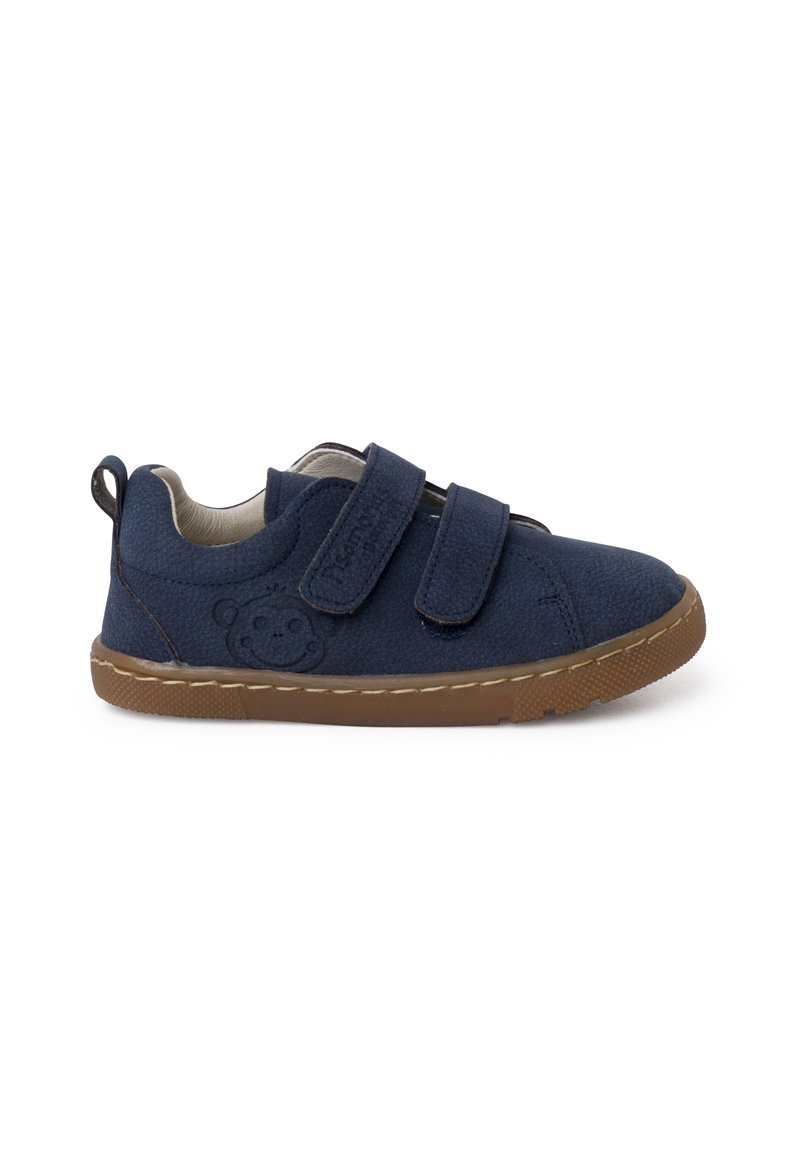 Sneakers pentru copii de culoare bleu marin, fabricate dintr-un material moale, având două benzi cu scai, o talpă din cauciuc și un grafic subtil cu un urs pe lateral.