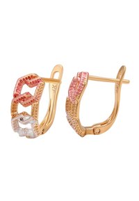 Guld hoops øreringe med sammenkædede kæde-design, der har pink, rosaguld og sølvfarvede teksturerede led.