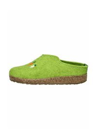 Green felt clogs with a textured surface, featuring embroidered carrot designs on the front, and a natural cork sole.