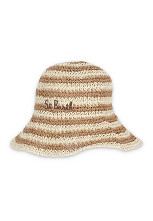 Cappello bucket all’uncinetto a righe beige e marroni, con tesa morbida e le parole "St Barth" ricamate sul davanti.