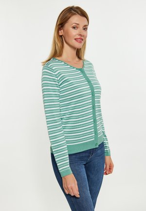 Grøn- og hvidstribet cardigan med V-hals, knaplukning og ribbede manchetter. Blødt stof med en tætsiddende silhuet.