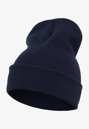 Navy blåt strikket hue med ribbet tekstur og opfoldet kant, designet til varme og komfort. Blødt, elastisk materiale.