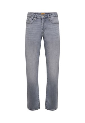 Herrenhose aus grauem Denim mit geradem Bein, Knopf- und Reißverschluss, fünf Taschen und Gürtelschlaufen.