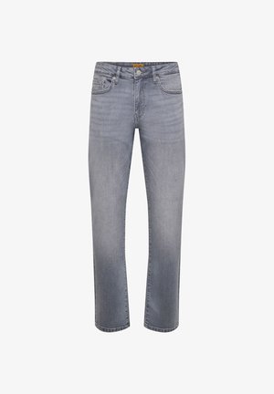 Heren jeans van grijze denim met rechte pijpen, voorzien van knoop- en ritssluiting, vijf zakken en riemlussen.