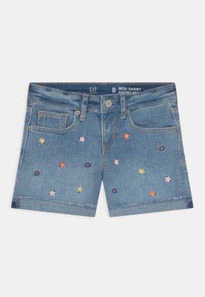 Jeans-Midishorts in Hellblau mit mehrfarbiger Blumenstickerei, Fünf-Taschen-Design und ausgefranstem Saum. Größe 8, mit Knopfverschluss.