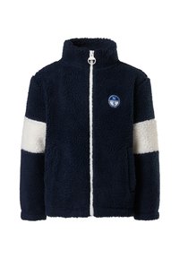 Chaqueta de forro polar azul marino con una franja horizontal blanca en las mangas, cremallera frontal completa y logo circular de North Sails en el pecho.