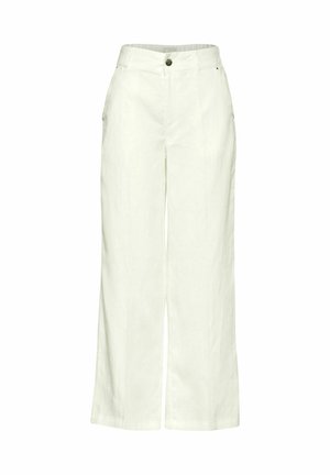 Pantalons palazzo en lin couleur crème clair, dotés d'une taille haute, de jambes larges, de poches avant et d'une fermeture à un bouton à la taille.