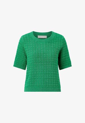 Groene, kortemouwen gebreide trui met gestructureerd wafelpatroon en geribde ronde hals, manchetten en zoom.