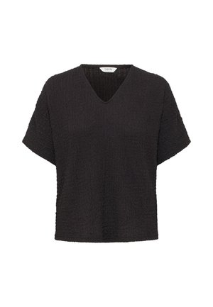 Tricou negru cu decolteu în V, cu mâneci scurte, dintr-un material texturat și cu o croială lejeră. Prezintă o suprafață ușor șifonată pentru un detaliu suplimentar.