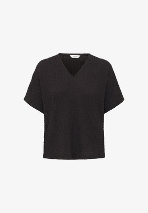 Zwarte V-hals t-shirt met korte mouwen, textuurstof en een losse pasvorm. Heeft een licht gekreukt oppervlak voor extra detail.