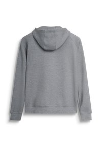 Sudadera con capucha gris de textura suave, con puños y dobladillo acanalados, y un corte recto. Presenta una capucha redondeada y detalles en las costuras.