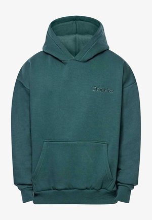 Tumši zaļš kapuces sporta krekls, izgatavots no mīksta materiāla, ar priekšējo kabatu, ribotām piedurknēm un izšūtu "Dropsize" logo.