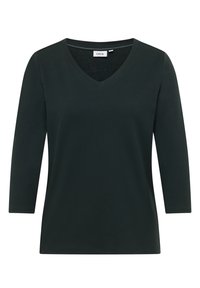 Tmavě zelený dlouhý rukáv top s výstřihem do V vyrobený z měkké tkaniny. Má uvolněný střih s hladkým povrchem a bez viditelných vzorů či akcentů.