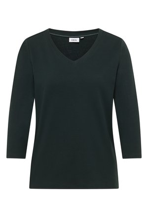 Ciemnozielony, długi rękaw bluzka z dekoltem w serek, wykonana z miękkiego materiału. Charakteryzuje się luźnym krojem, gładką fakturą i brakiem widocznych wzorów lub akcentów.