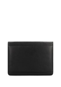 Black leather laptop sleeve with a smooth texture, rectangular shape, and subtly stitched edges; minimalist design, no visible hardware.