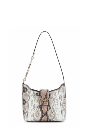Borsa a spalla leggera con un motivo in finta pelle di serpente in tonalità di bianco, marrone e grigio. Caratterizzata da una chiusura in metallo dorato e una tracolla a catena.