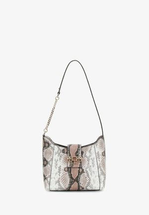 Sac épaule léger avec un motif en simili-cuir de serpent dans des teintes de blanc, marron et gris. Il présente un fermoir en métal doré et une bandoulière enchaînée.