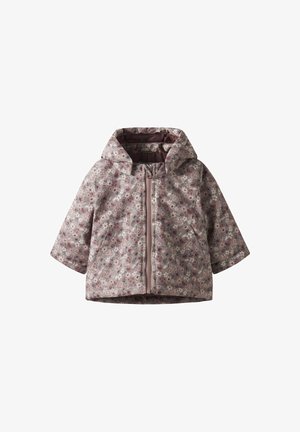Jas met bloemenpatroon, capuchon in gedempt mauve, ritssluiting, cropped mouwen en lichte stof met een zachte textuur.