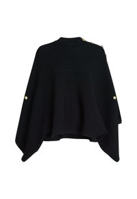 Schwarzer gestrickter Poncho mit hohem Ausschnitt, der goldfarbene Knöpfe auf einer Schulter und einen ausgestellten, asymmetrischen Saum aufweist.