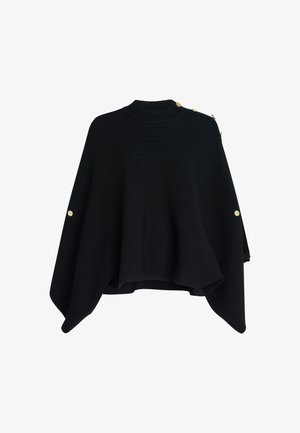 Black knitted poncho with a high neckline, featuring gold-tone buttons on one shoulder and a flared, asymmetrical hemline.