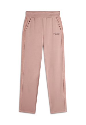 Jogging in rosa chiaro con una texture liscia, vita elasticizzata, tasche laterali e logo "FREDDY" in piccole strass sulla gamba sinistra.