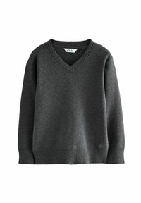 Ciemnoszary sweter w serek wykonany z miękkiego dzianiny. Posiada ściągacze przy mankietach i dole swetra oraz małe logo na dolnym brzegu.
