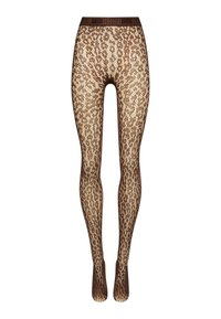 Collants bruns à motifs avec un design en dentelle, texture semi-transparente et une taille unie avec le logo de la marque. Détail visuel élégant et complexe.