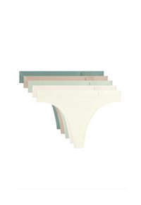 Vijf paar dames stringondergoed van zachte katoen. Kleuren zijn ivoor, lichtroze, nude, muntgroen en donkergroen. Minimalistisch ontwerp.