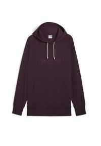 Pullover hoodie i mørk lilla, lavet af blødt stof. Har en frontlomme, justerbar hætte med snøre og trykt "Sportswear" tekst.
