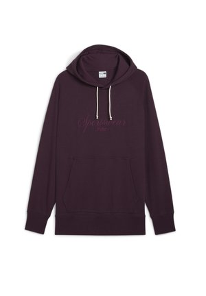 Mörklila hoodie i mjukt material. Har en frontficka, justerbar dragkedja på huvan och tryckt text "Sportswear".