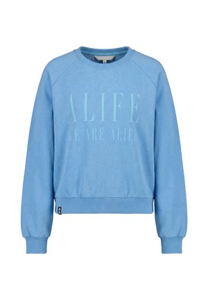 Hellblauer Sweatshirt mit langen Ärmeln, gerippten Bündchen und Saum, mit dezentem "ALIFE WE ARE ALIFE" Schriftzug auf der Vorderseite.