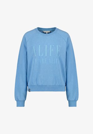 Hellblauer Sweatshirt mit langen Ärmeln, gerippten Bündchen und Saum, mit dezentem "ALIFE WE ARE ALIFE" Schriftzug auf der Vorderseite.