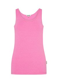 Rosa ärmelloses Tanktop aus softem Stoff. Mit rundem Ausschnitt, figurbetontem Schnitt und subtiler Textur sowie einem Etikett an der Seite.