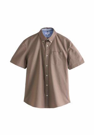 Kurzärmliges Button-Down-Hemd aus dunkelbrauner Baumwolle. Verfügt über eine kleine Brusttasche und einen Button-Down-Kragen. Einfarbig, glatte Textur.